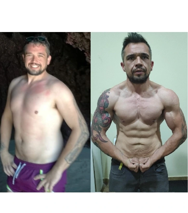 Transformación física cliente masculino — pérdida de grasa y ganancia muscular
